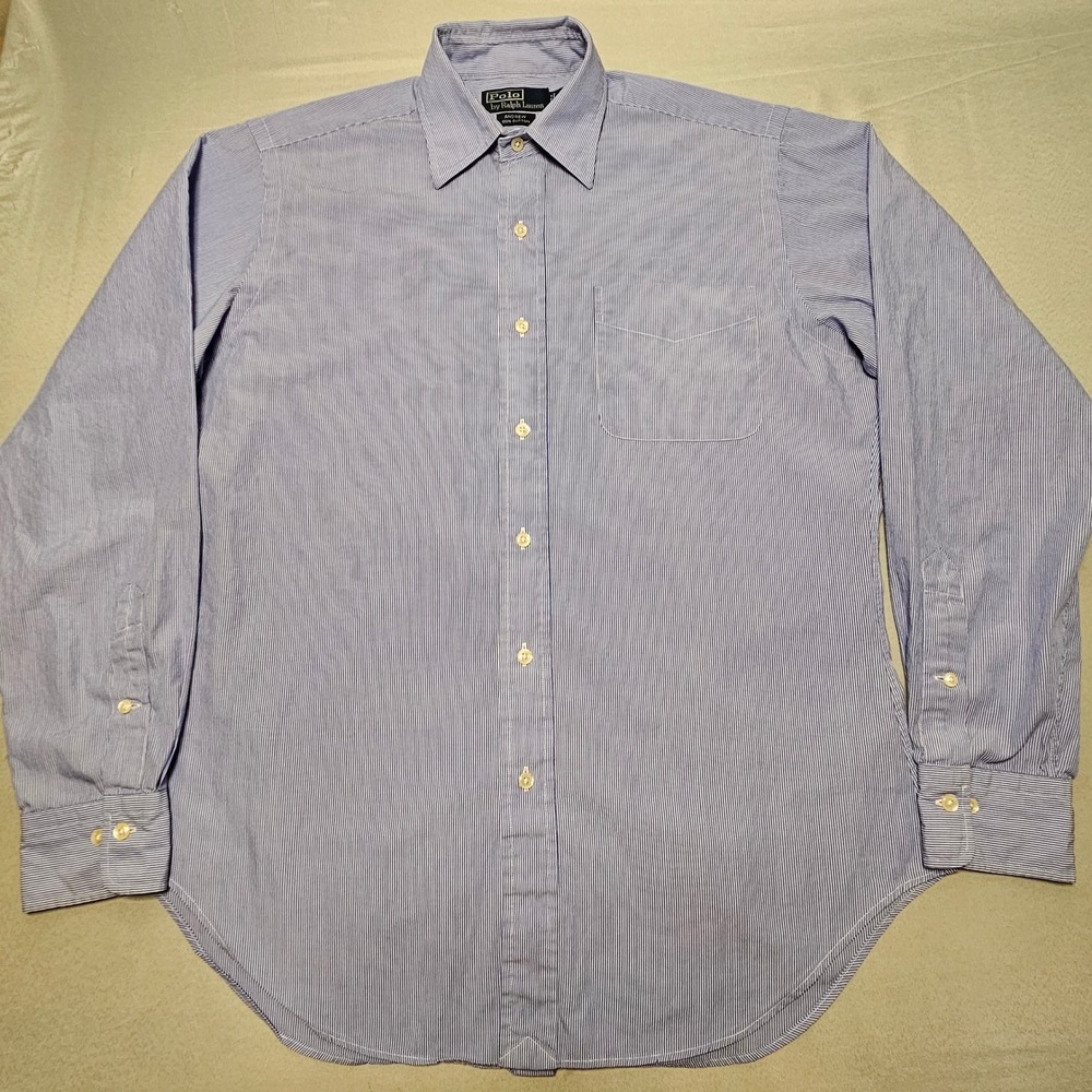 Polo Ralph Lauren Andrew Shirt Mens 15 34/35 Blue White Striped Cotton Coastal